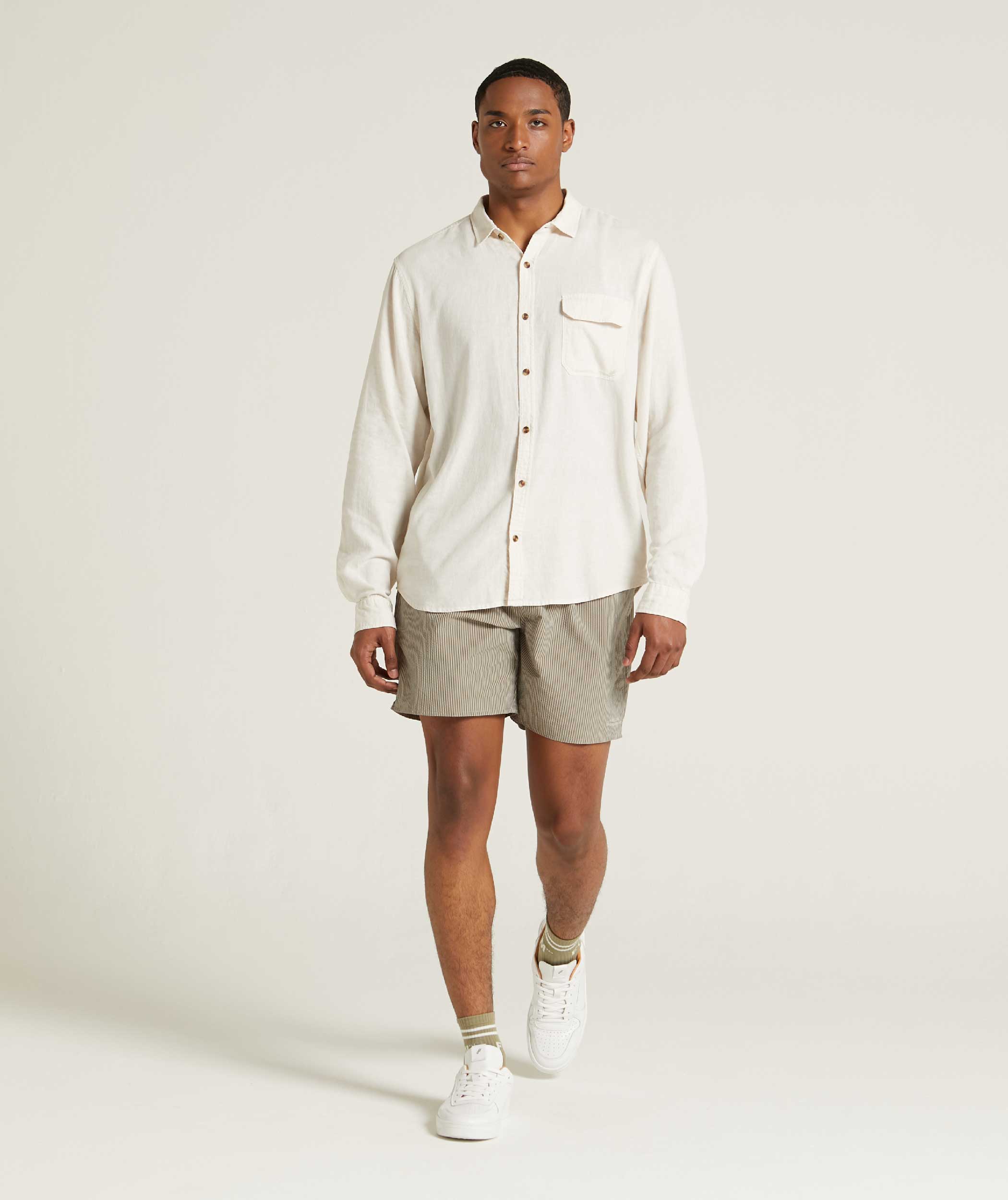 Mens Garment Dyed Long Sleeve Shirt - Light Stone