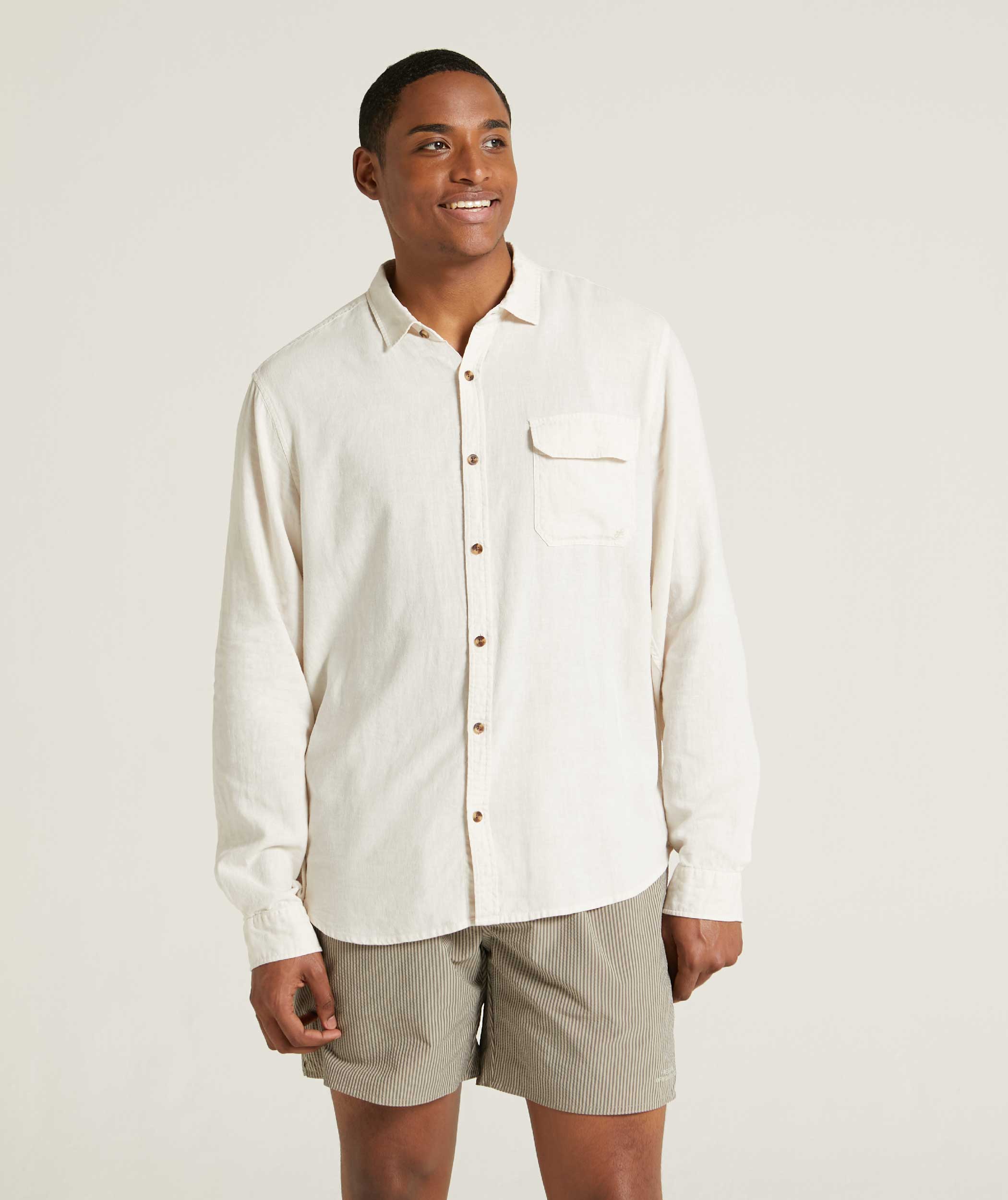 Mens Garment Dyed Long Sleeve Shirt - Light Stone
