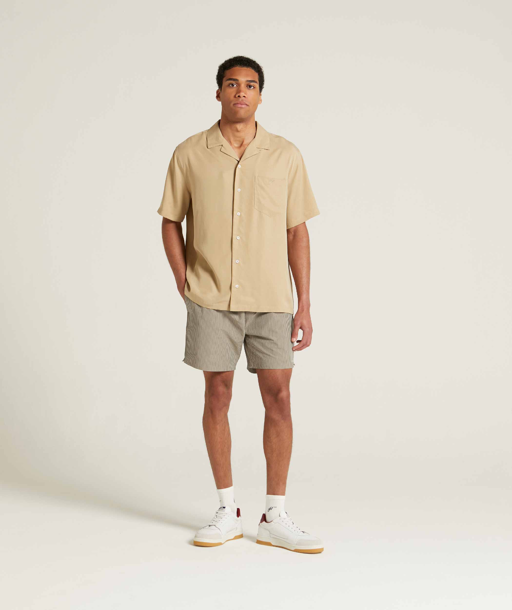 Mens Sueded Short Sleeve Cotton Shirt - Stone
