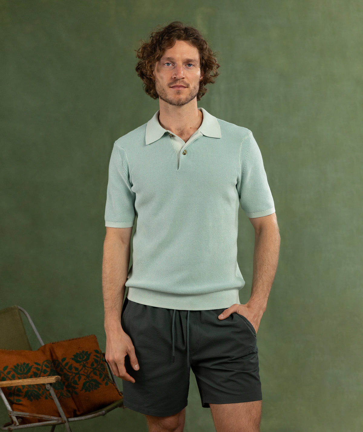 Mens Knit Golfer - Sea Foam
