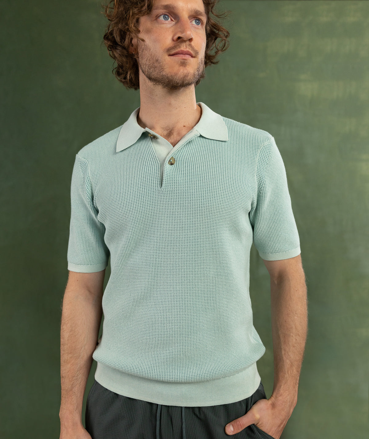 Mens Knit Golfer - Sea Foam