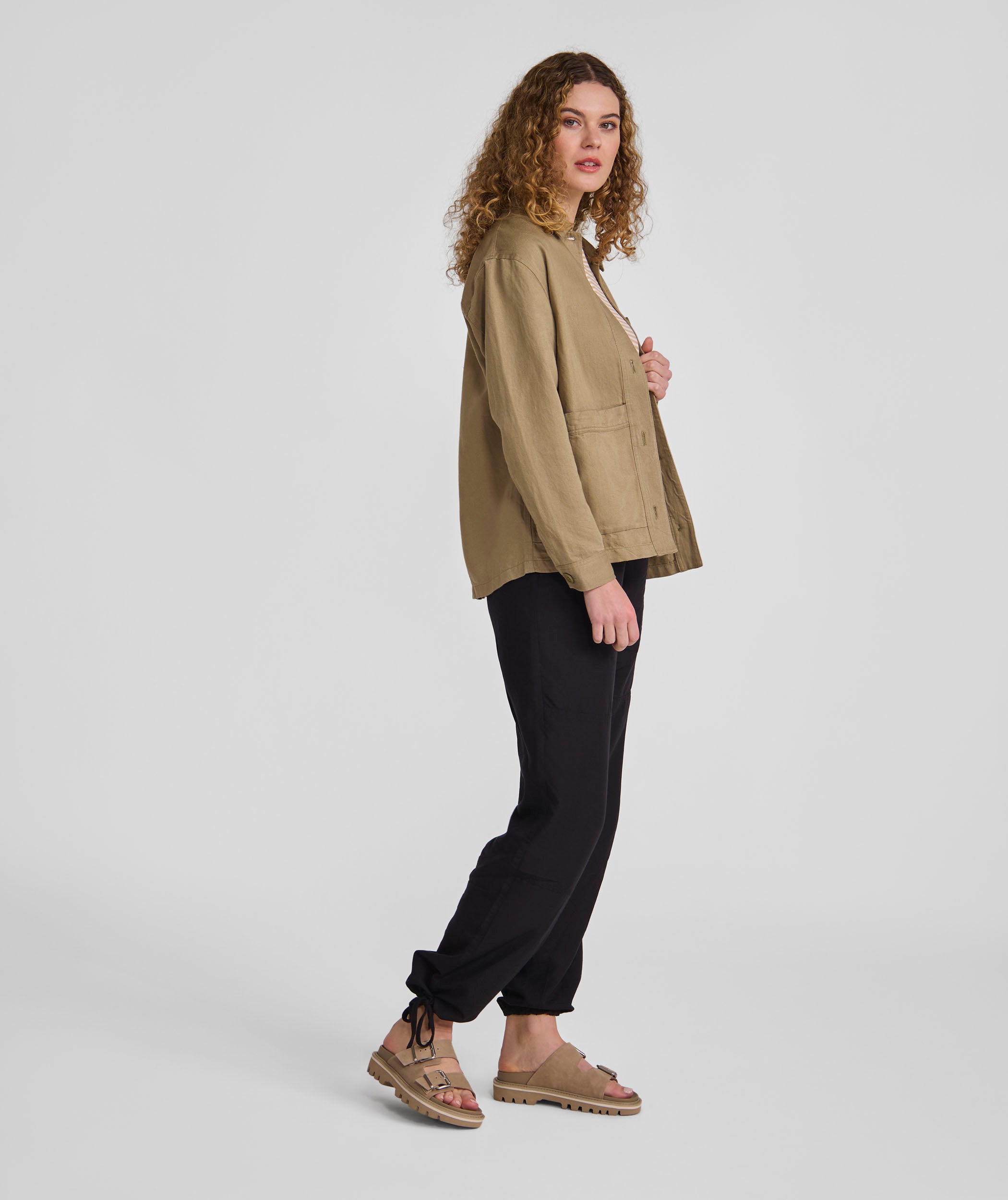 Ladies Linen Blend Shacket - Gray Green