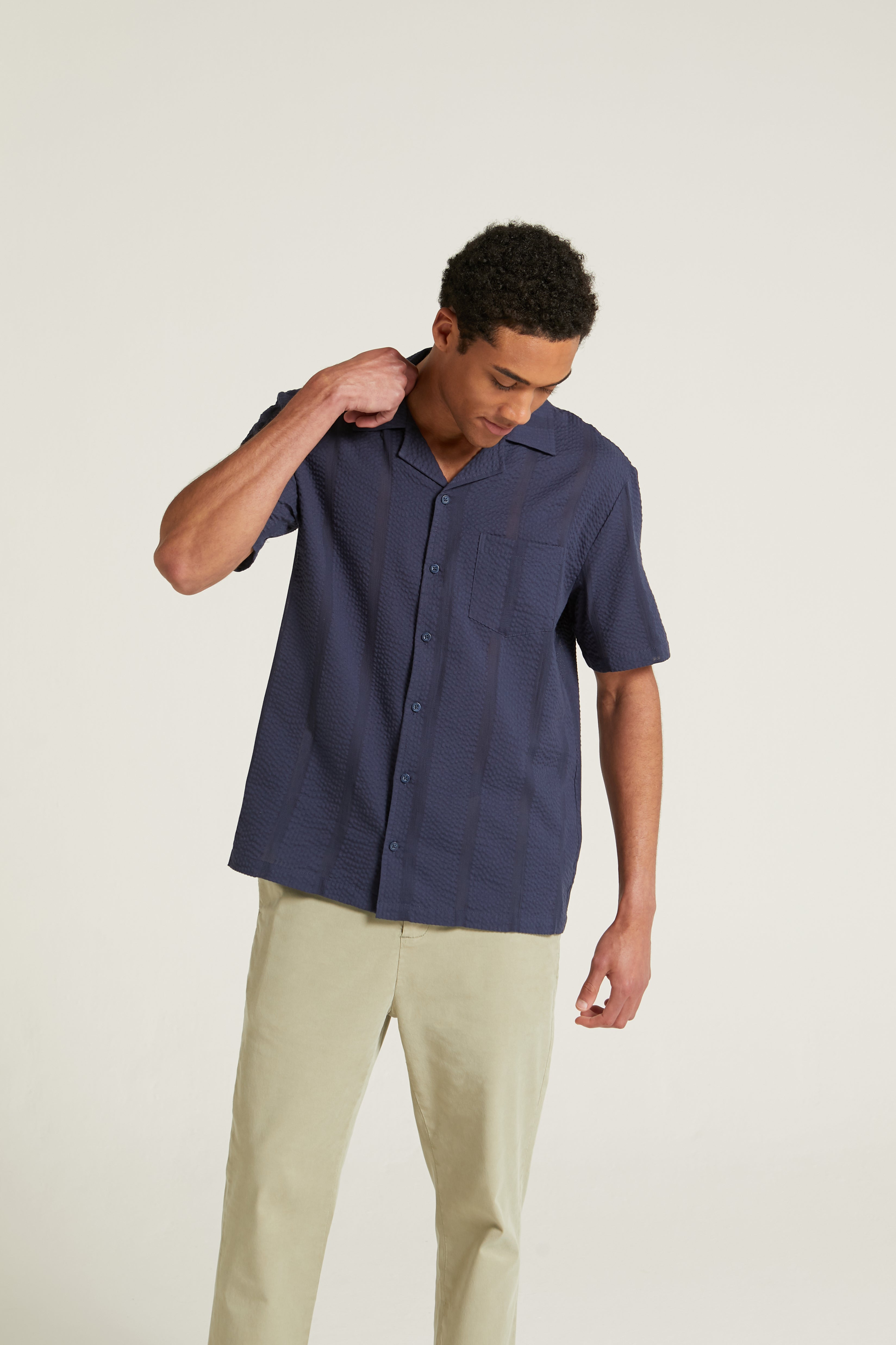 Mens Seersucker Stripe Shirt - Navy