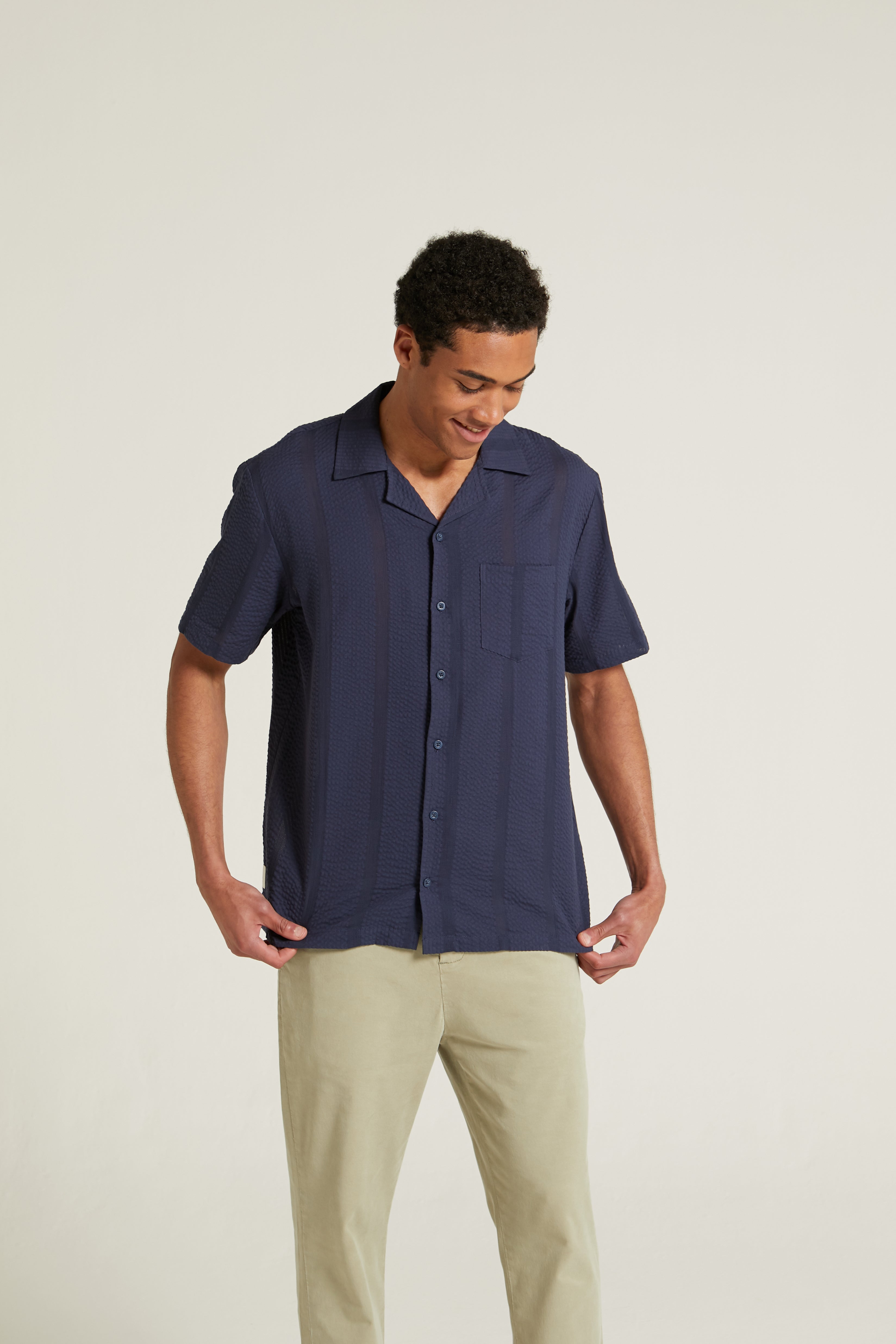 Mens Seersucker Stripe Shirt - Navy