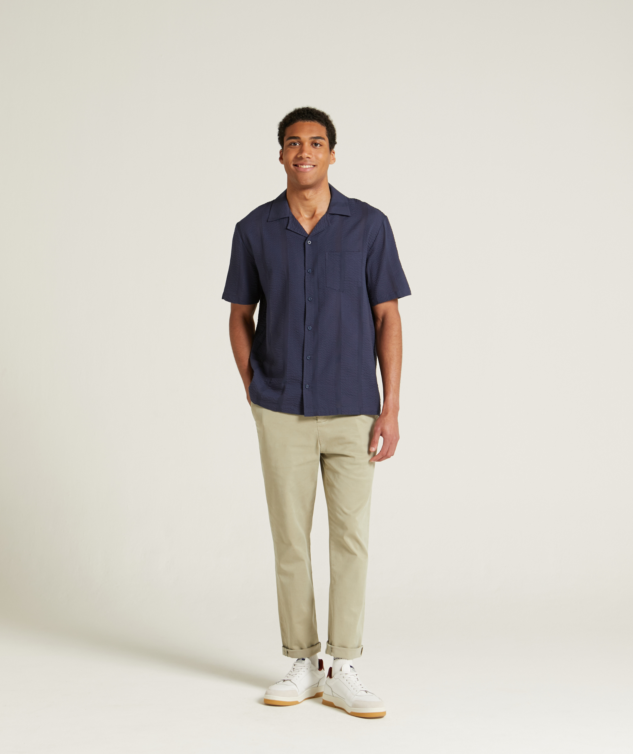 Mens Seersucker Stripe Shirt - Navy