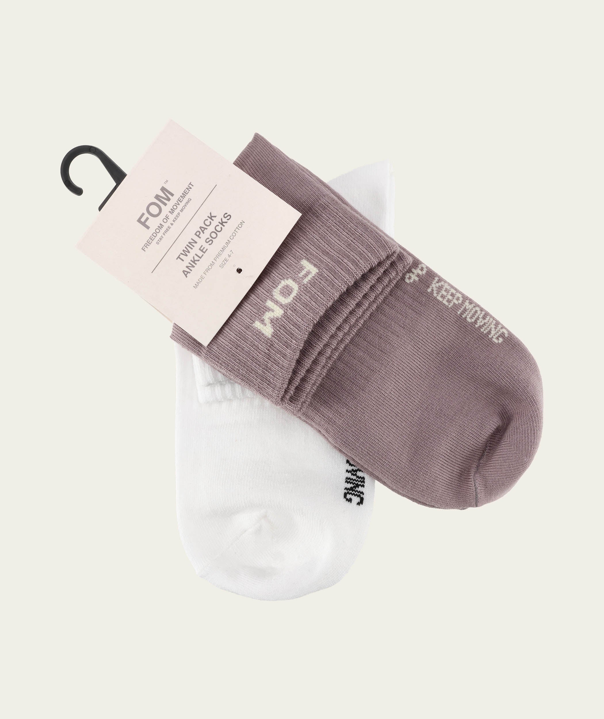 Socks FOM Ankle Twin Pack - White & Lilac Grey (Size 4-7)