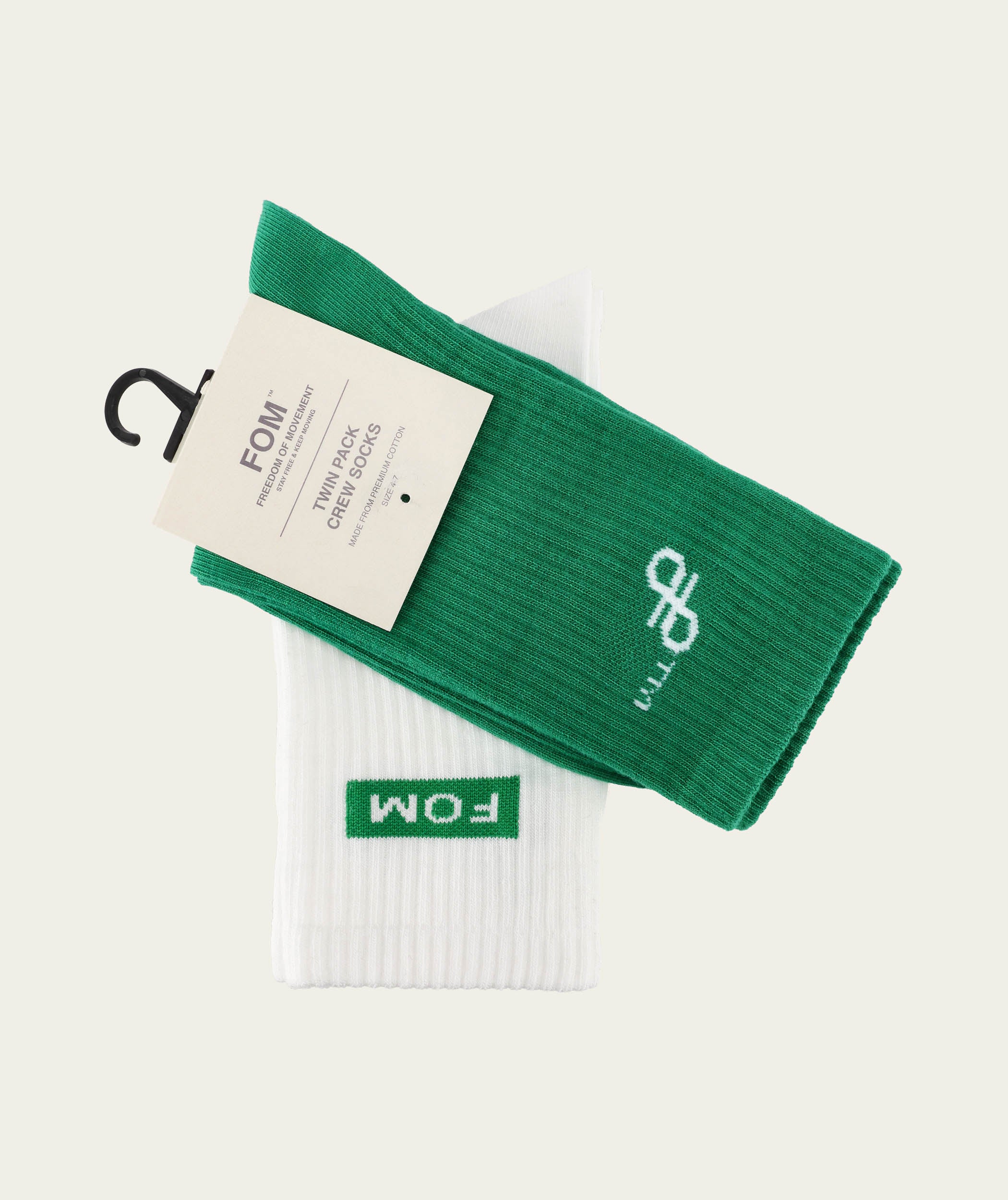 Socks FOM Crew Twin Pack - Green Knot & White FOM (Size 4-7)