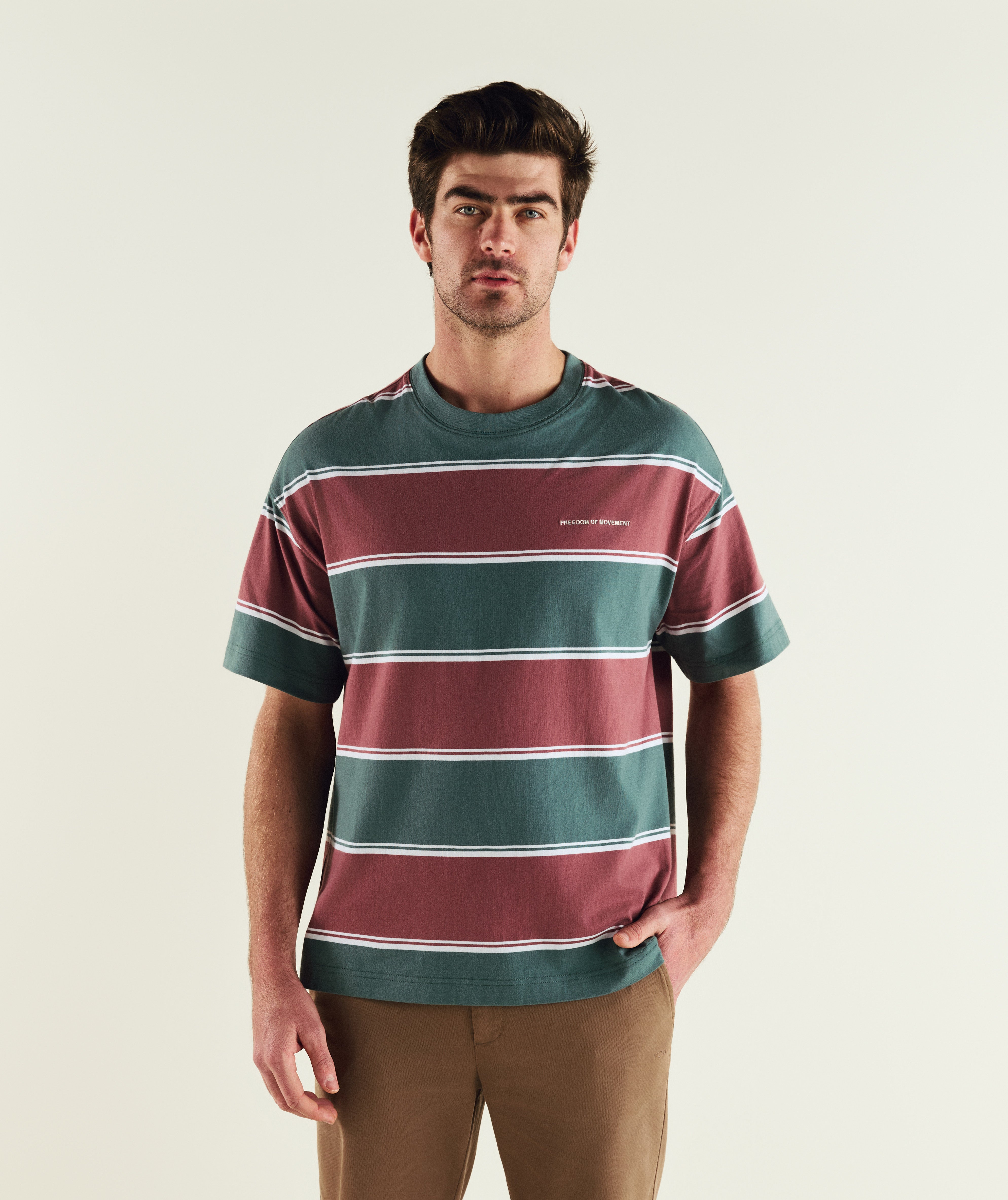 Mens Relaxed Stripe Tee - Burgundy & Green