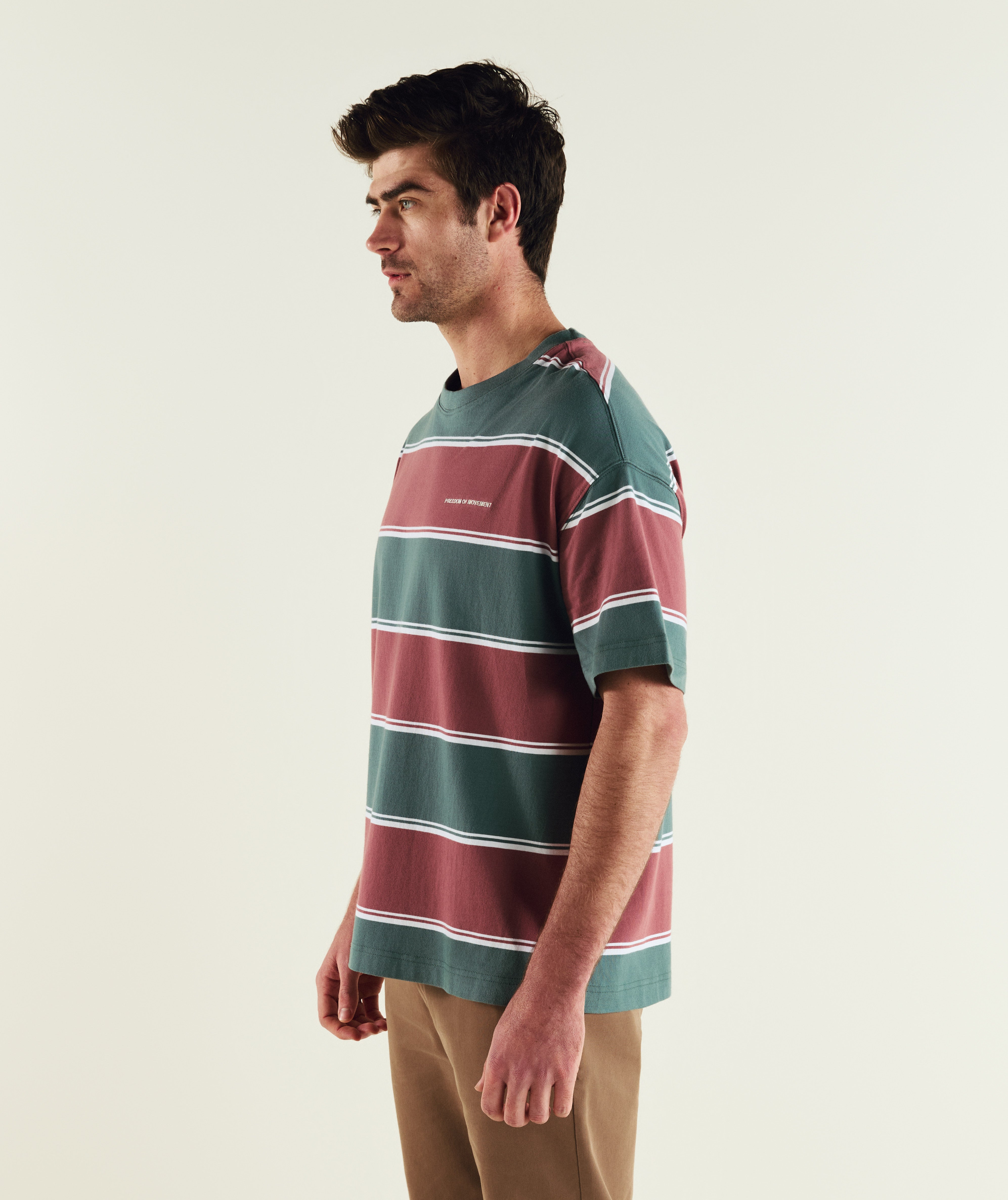 Mens Relaxed Stripe Tee - Burgundy & Green