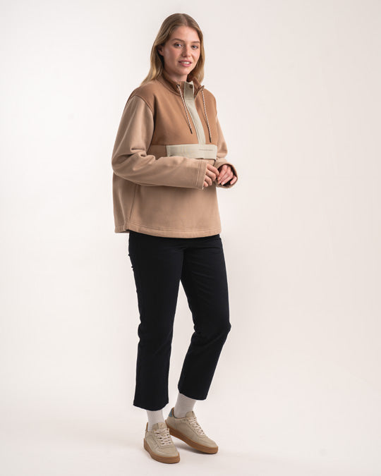 Pullover mit 1/4-Reißverschluss für Damen – Biscuit-Farbblock