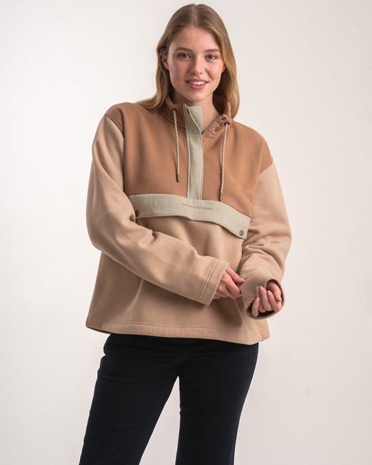 Pullover mit 1/4-Reißverschluss für Damen – Biscuit-Farbblock