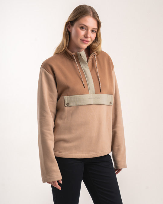 Pullover mit 1/4-Reißverschluss für Damen – Biscuit-Farbblock