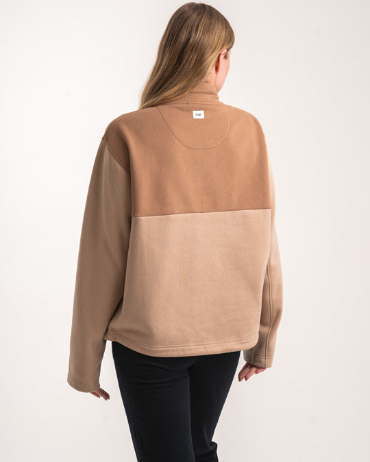 Dames 1/4 Zip Sweater - Biscuit Colourblock