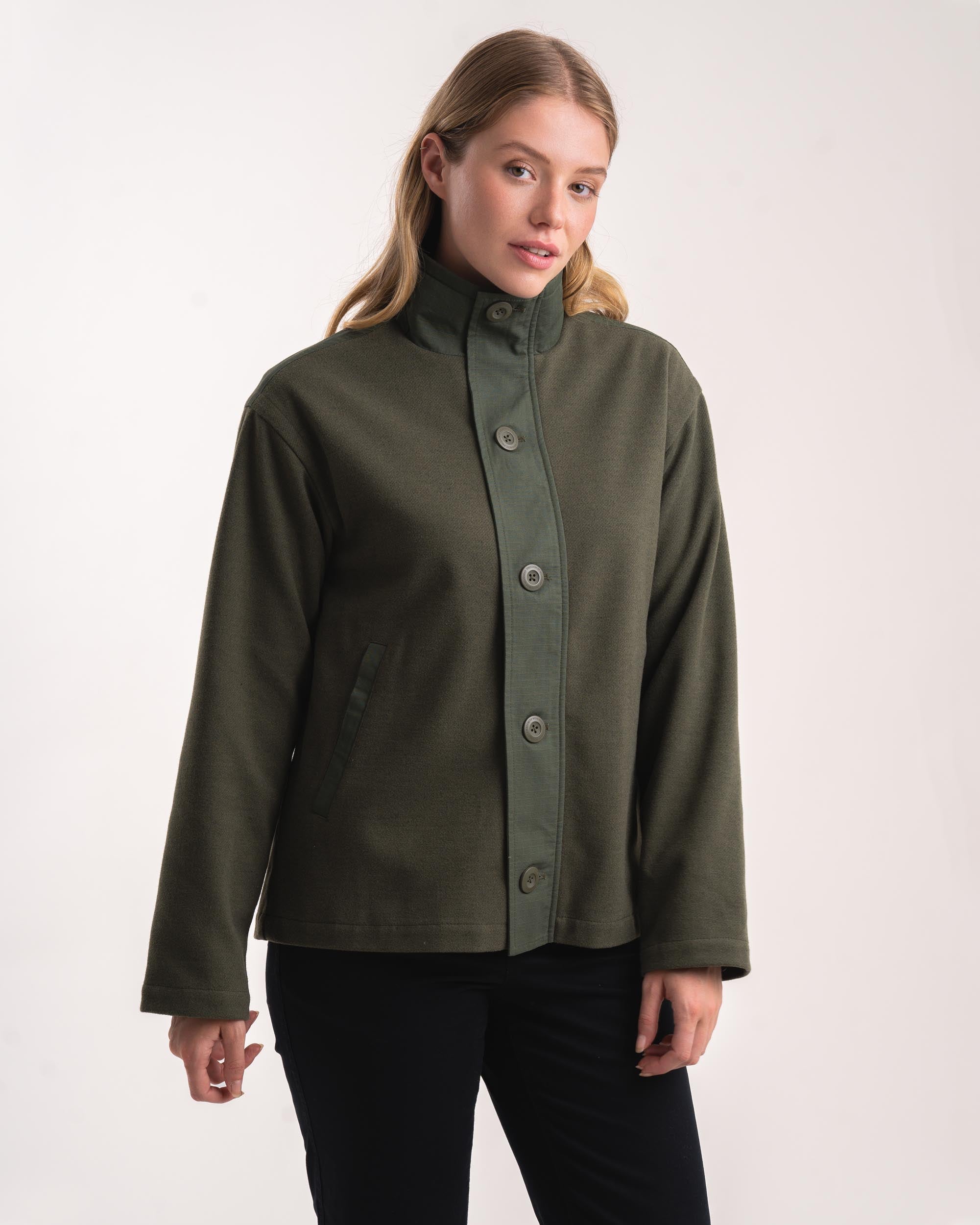 Melton Button Jacke für Damen - Flaschengrün