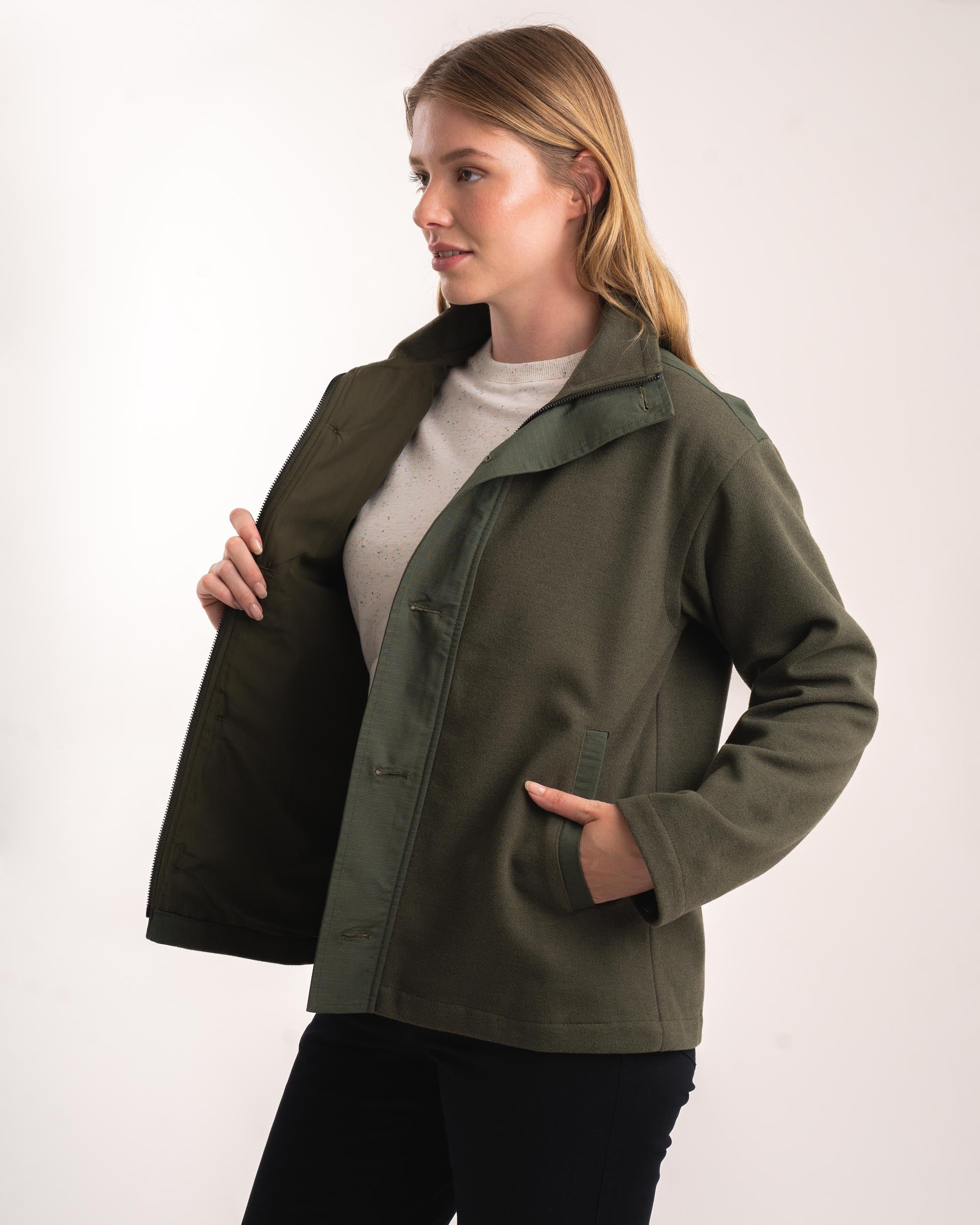 Melton Button Jacke für Damen - Flaschengrün