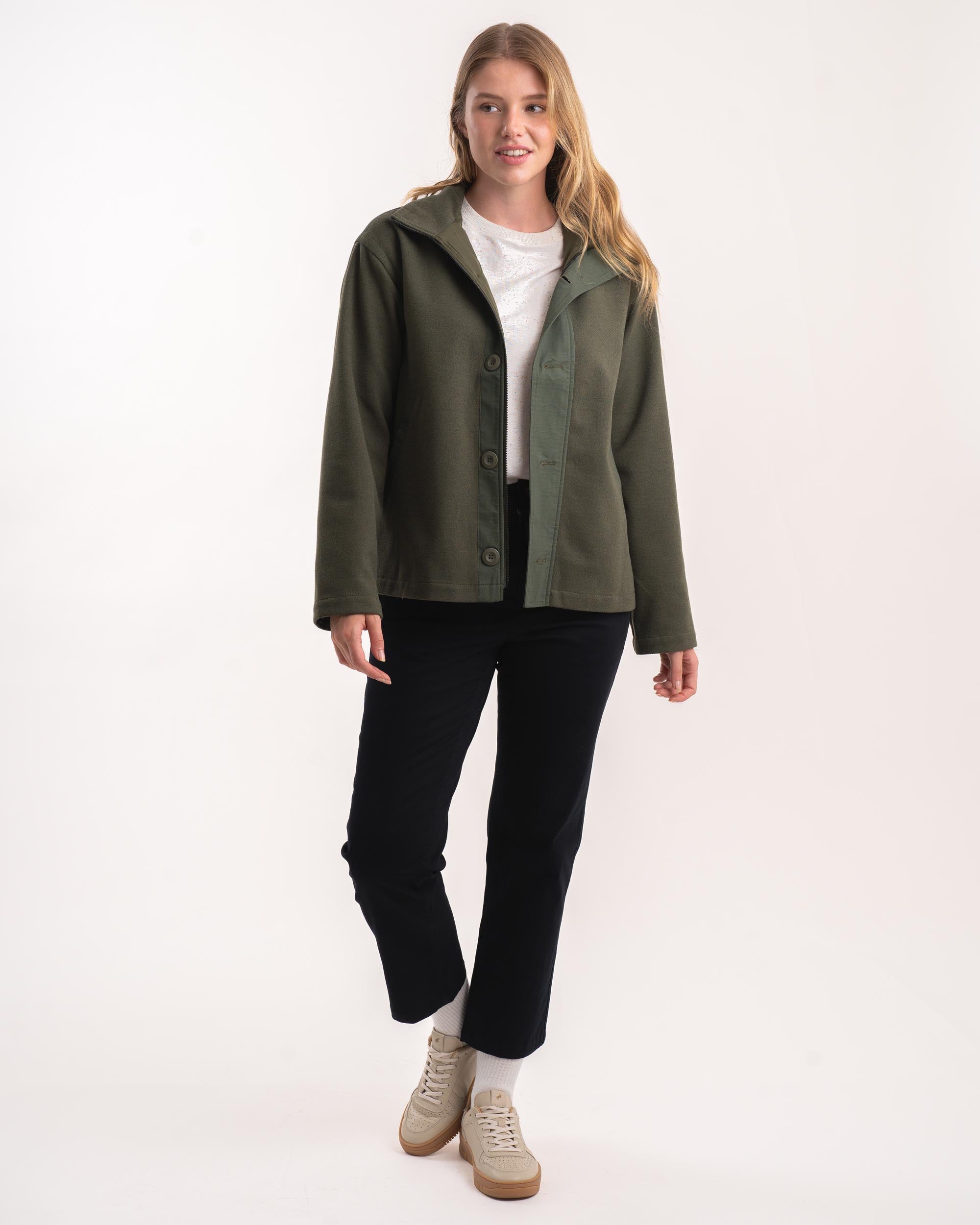 Melton Button Jacke für Damen - Flaschengrün