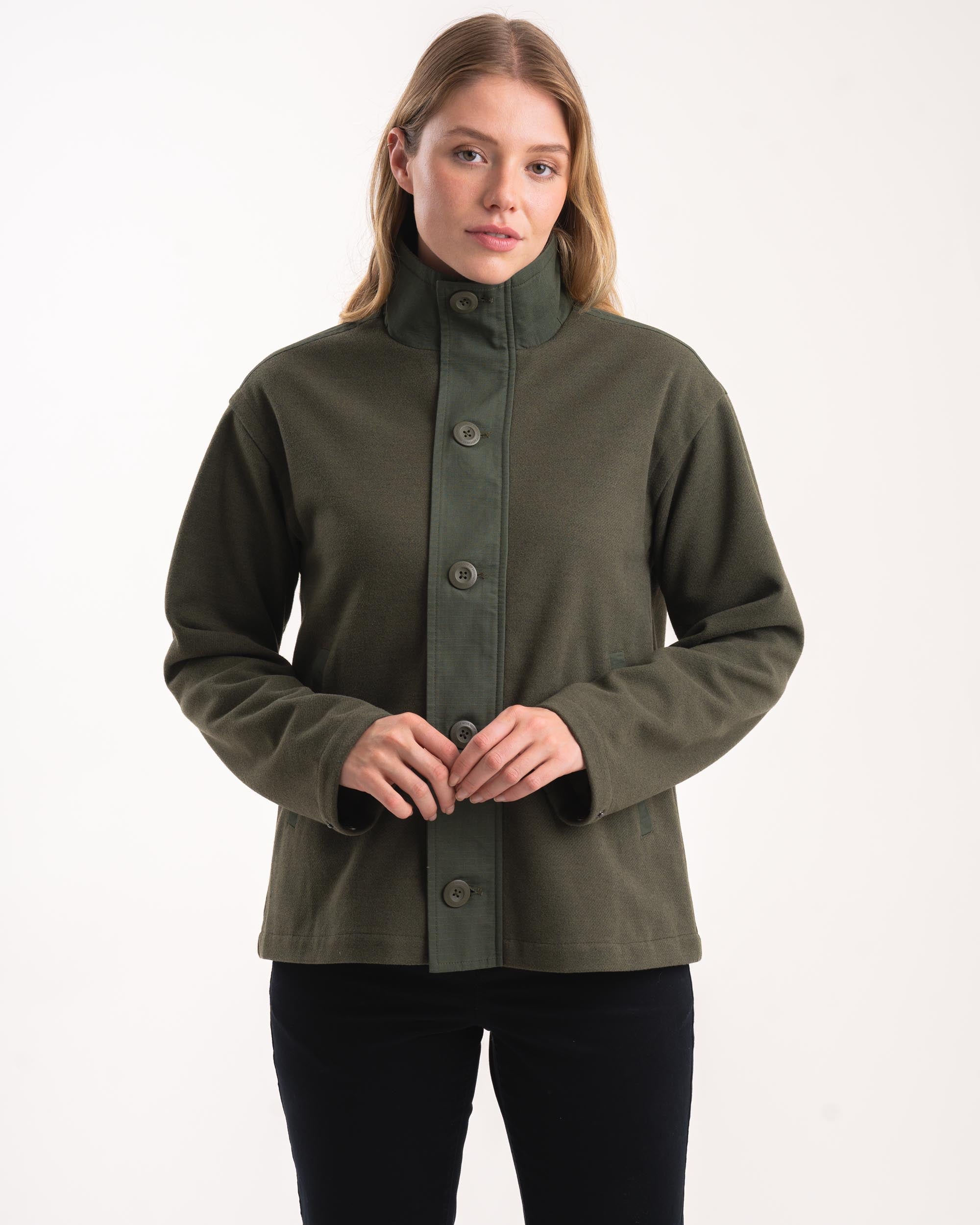 Melton Button Jacke für Damen - Flaschengrün