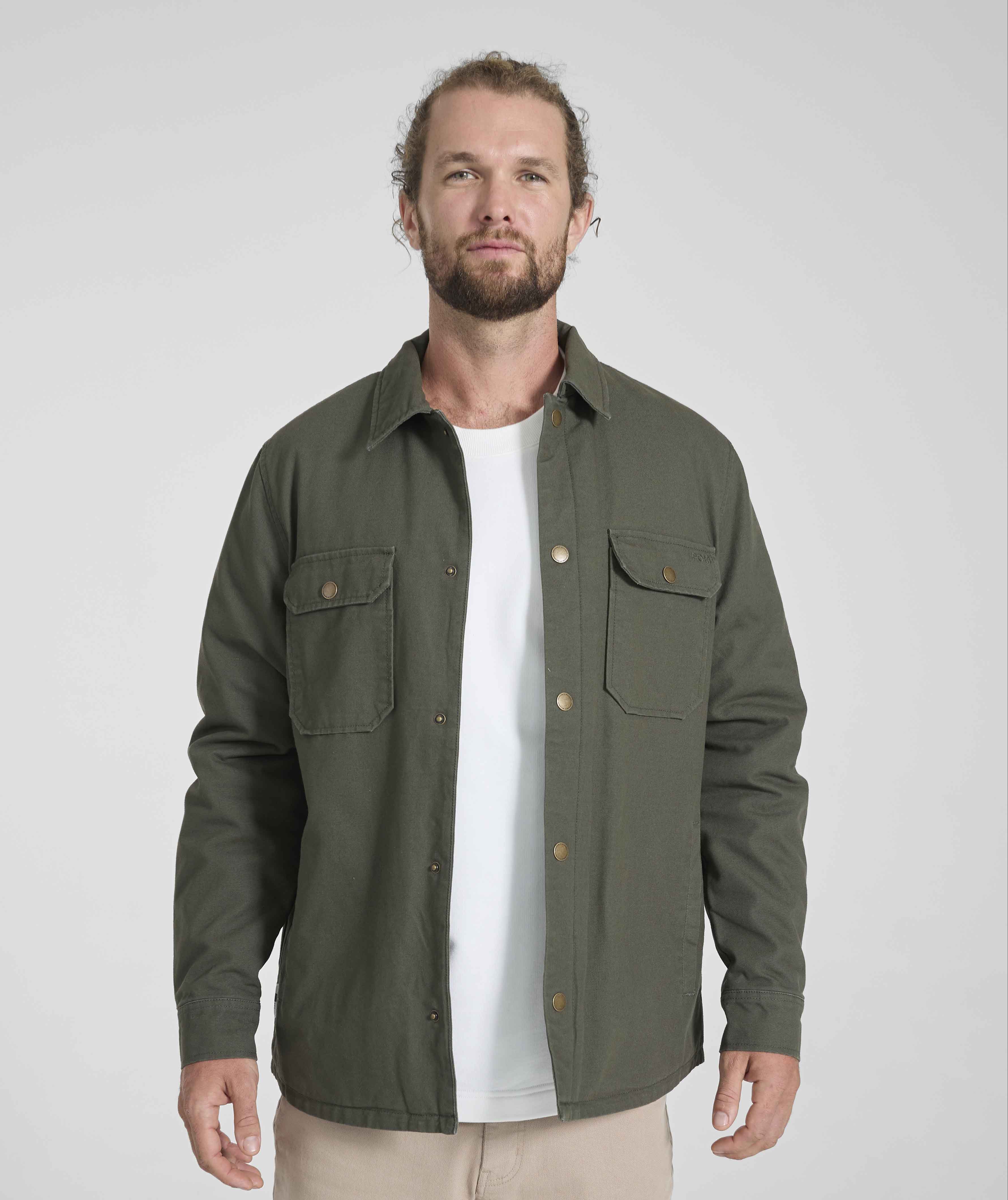 Mens Cotton Button Down Jacket - Olive