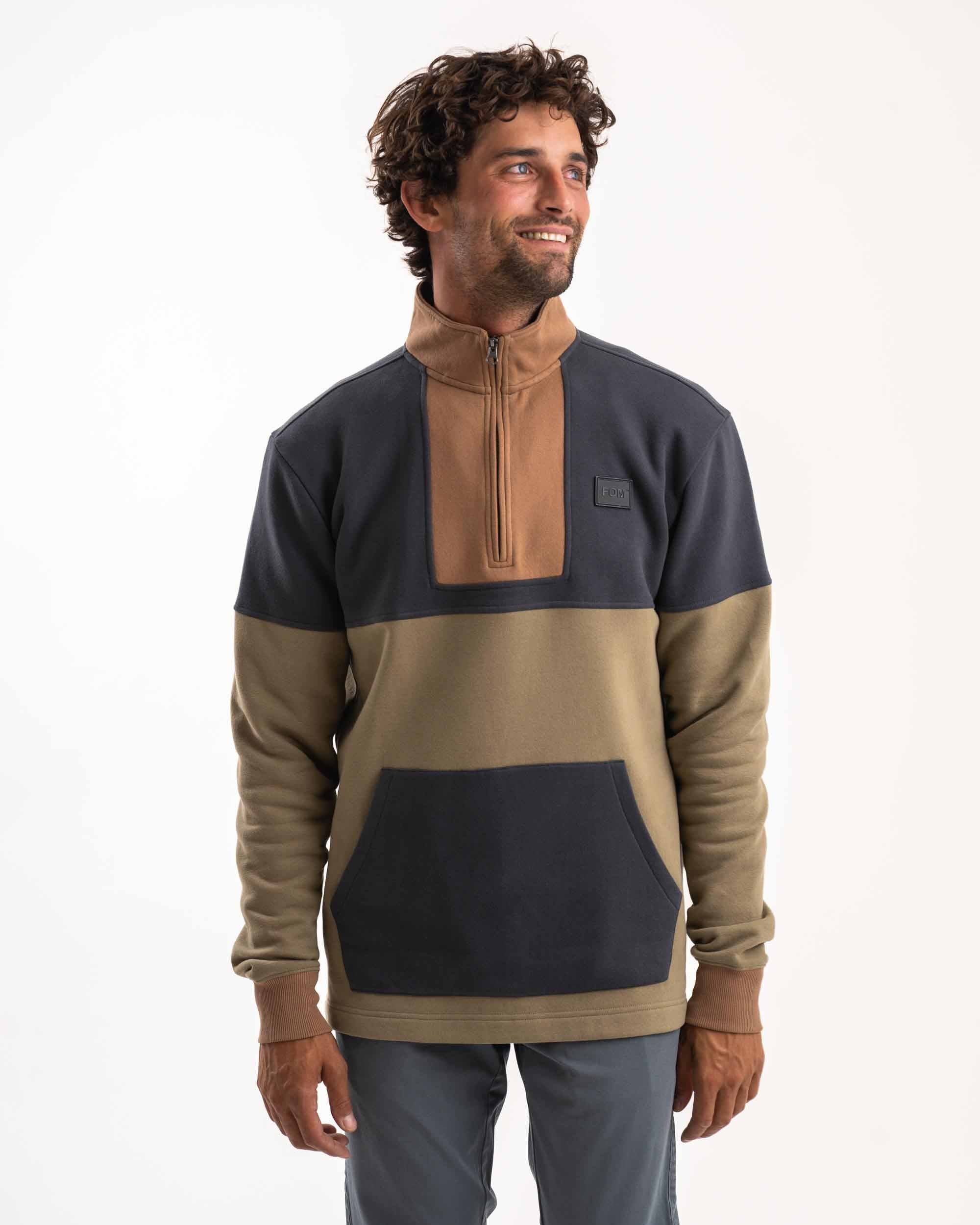 Rollkragenpullover für Herren mit 1/4-Reißverschluss – Oliv- und Anthrazit-Farbblock