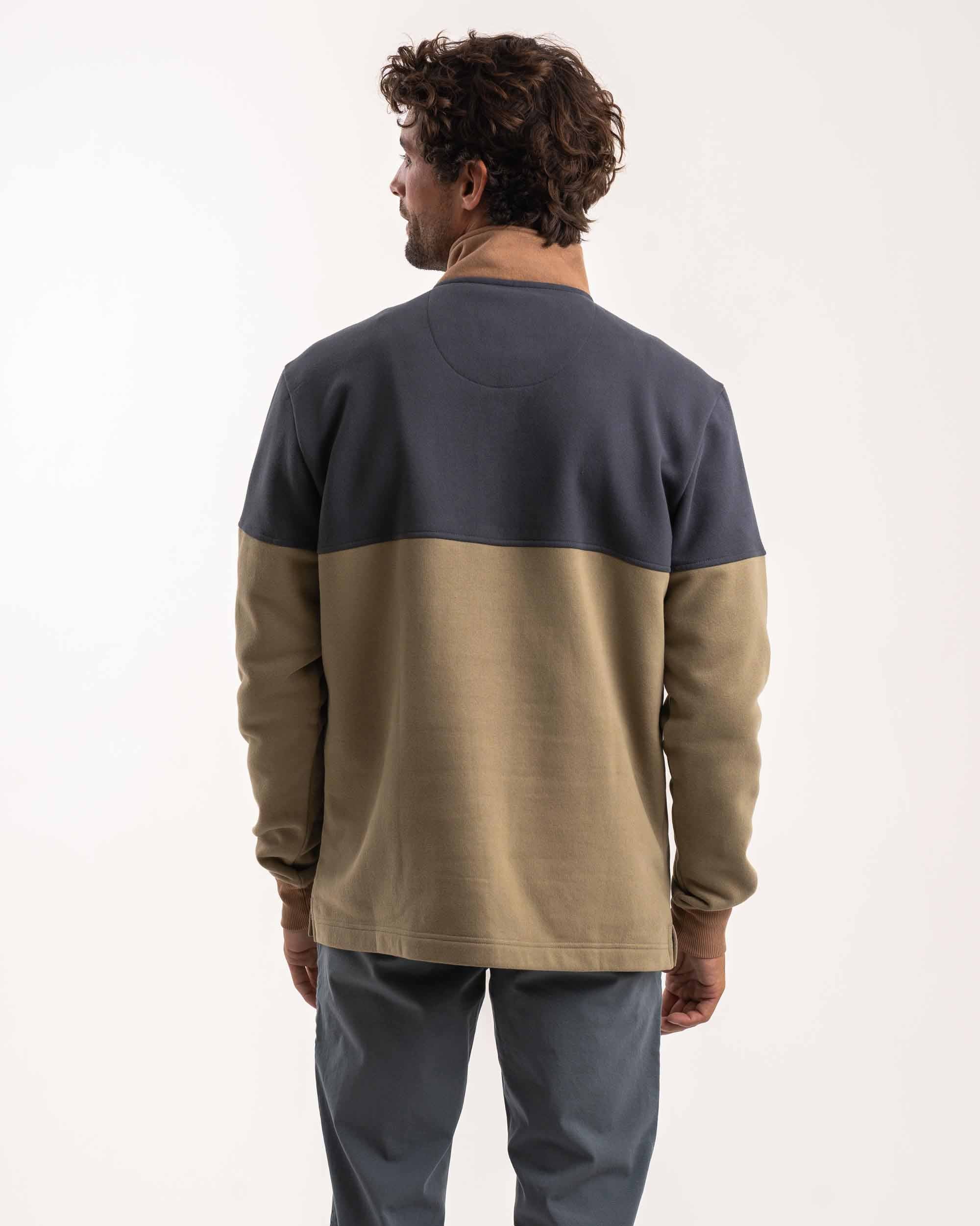 Rollkragenpullover für Herren mit 1/4-Reißverschluss – Oliv- und Anthrazit-Farbblock